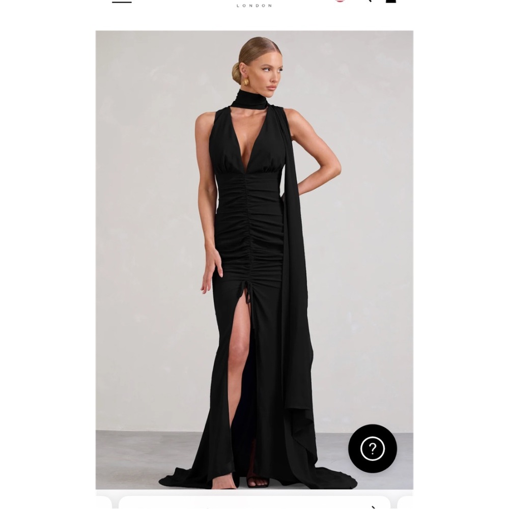 WHIMSICAL
BLACK CHIFFON PLUNGE
FISHTAIL MAXI DRESS WITH
SCARF DESIGN